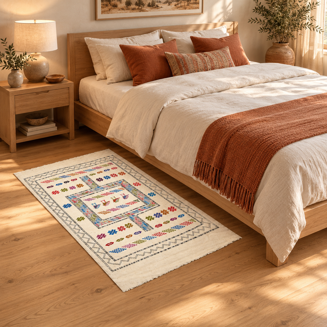 Mise en situation du tapis berbère Oiseaux multicolore le long d’un lit dans une chambre aux tons crème et terracotta